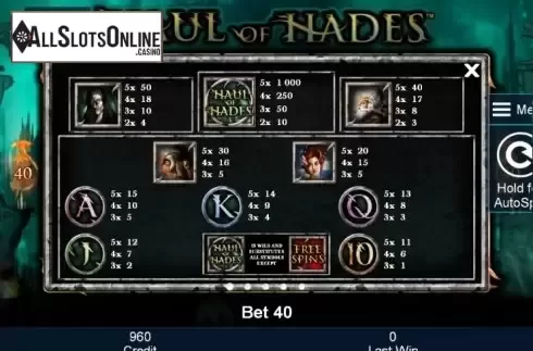 Paytable 1. Haul of Hades from Greentube