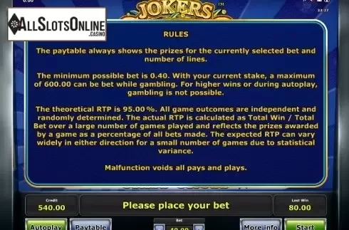 Paytable 3. Jokers Casino from Greentube