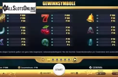 Paytable screen