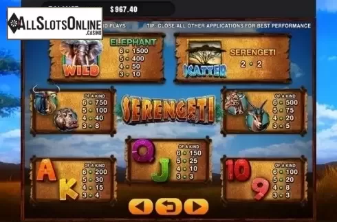 Paytable. Serengeti (GMW) from GMW
