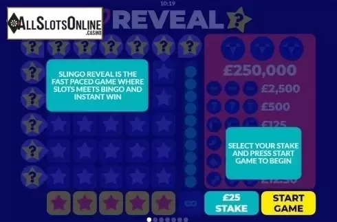 Paytable. Slingo Reveal from Slingo Originals
