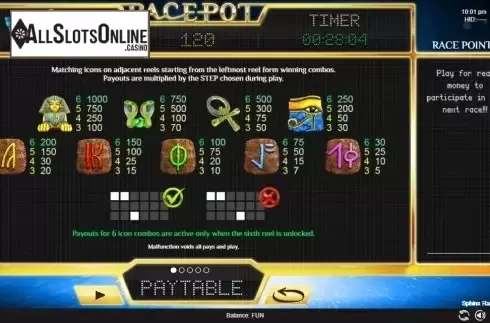 Paytable. Sphinx Race Deluxe from Espresso Games