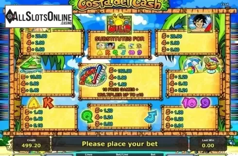 Paytable 1. Costa del Cash from Greentube