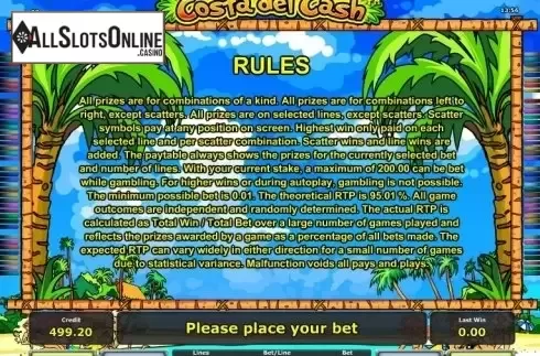 Paytable 3. Costa del Cash from Greentube