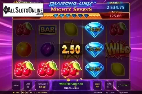 Win Screen. Diamond Link Mighty Sevens from Greentube
