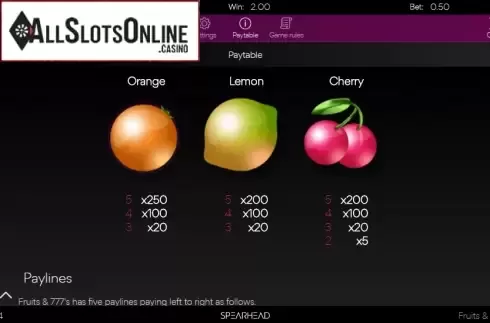 Paytable 2. Fruits & 777's Slider from Spearhead Studios