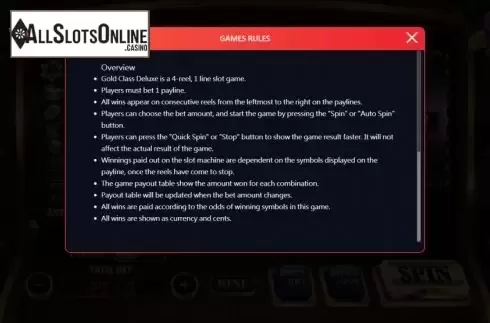 Rules screen. Gold Class Deluxe from XIN Gaming