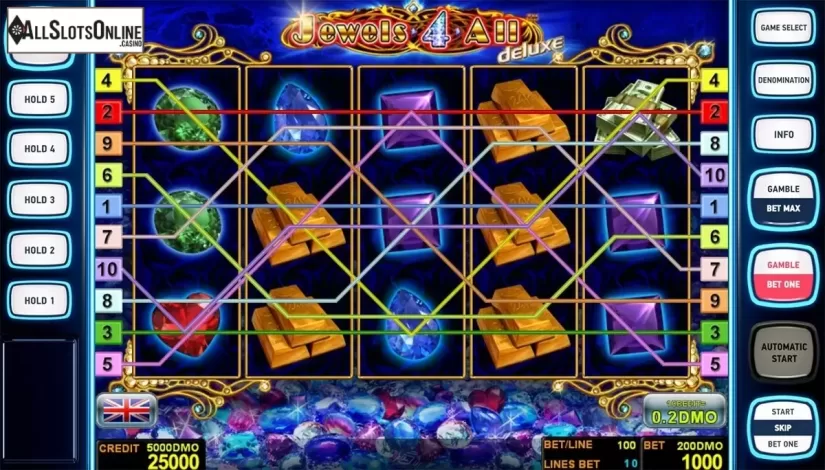 Reels screen. Jewels 4 All Deluxe from Novomatic