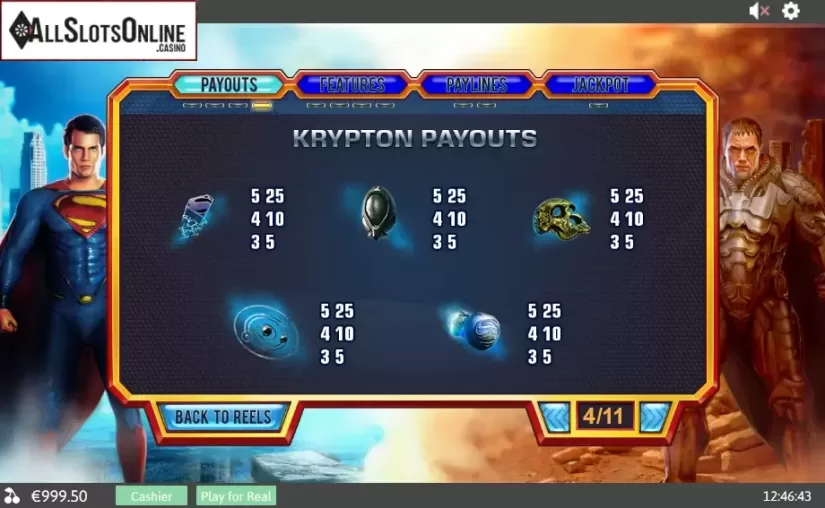 Paytable 4. Man of Steel from Playtech