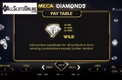 Paytable 1. Mega Diamonds from BetConstruct