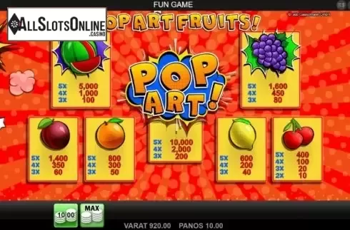 Paytable. Pop Art Fruits from Merkur