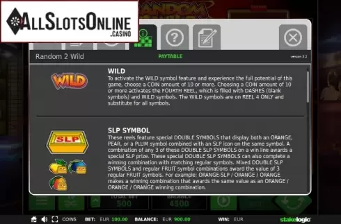 Paytable 1. Random 2 Wild from StakeLogic