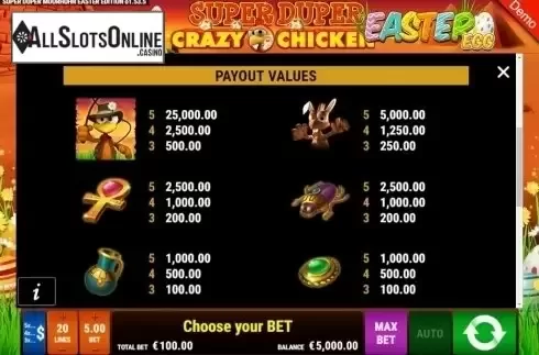 Paytable. Super Duper Crazy Chicken Easter Egg from Gamomat