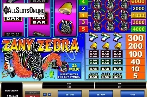 Screen 1. Zany Zebra from Microgaming