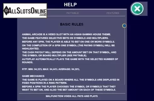 Information screen 1. Animal Arcade from Arrows Edge