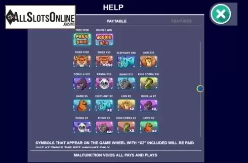 Paytable screen . Animal Arcade from Arrows Edge
