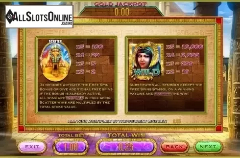 Paytable 1. Cleopatra's Gold (Leander Games) from Leander Games