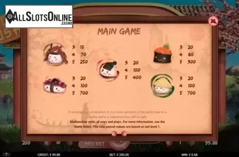 Paytable. Jumping Sushi from Gamshy