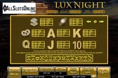 Paytable. Lux Night from Aiwin Games
