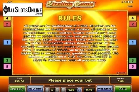 Paytable 2. Sizzling Gems from Greentube