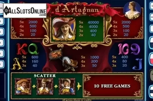 Paytable . d'Artagnan Deluxe from Novomatic