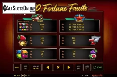 Paytable. 50 Fortune Fruits from Eurocoin Interactive