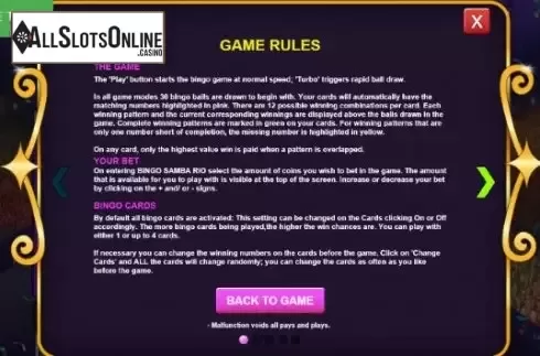 Rules Screen. Bingo Samba Rio from Caleta Gaming