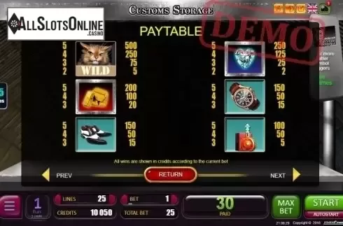 Paytable 1. Customs Storage from Belatra Games