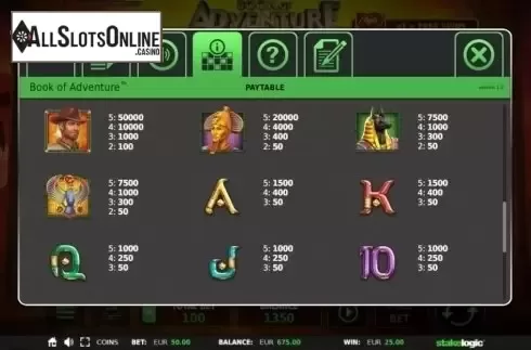 Paytable . Book of Adventure from StakeLogic
