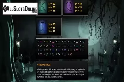 Paytable and paylines screen