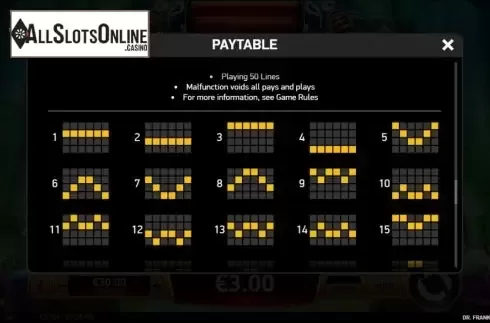 Paylines screen. Dr Frankenstein from Ruby Play
