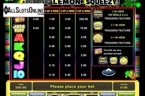 Paytable 1. Easy peasy Lemon squeezy from Greentube