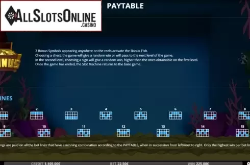Paylines screen. Fish and Wins from Capecod Gaming