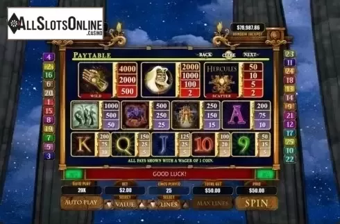 Paytable. Hercules the Immortal from RTG