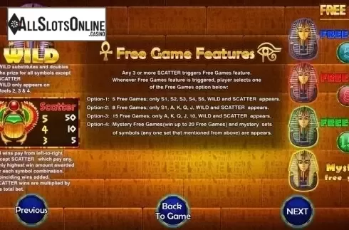 Features. Legend of Pharaoh from Vela Gaming