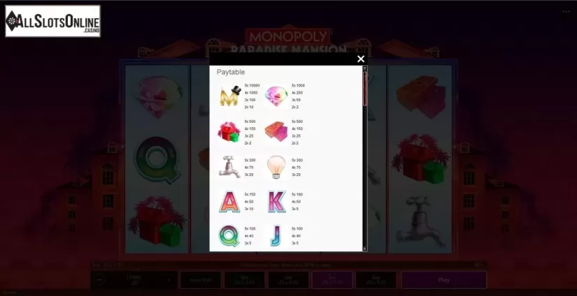 Paytable 1. Monopoly Paradise Mansion from Gamesys