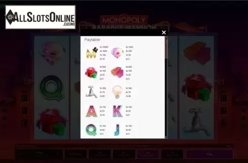 Paytable 1. Monopoly Paradise Mansion from Gamesys