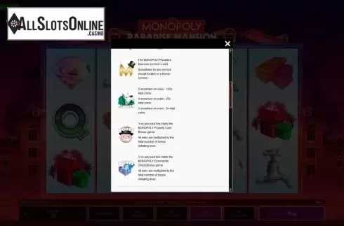 Paytable 2. Monopoly Paradise Mansion from Gamesys