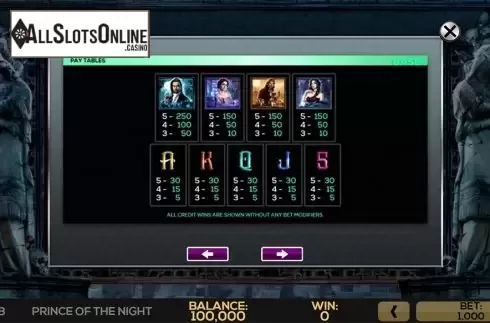 Paytable . Prince of the Night from High 5 Games