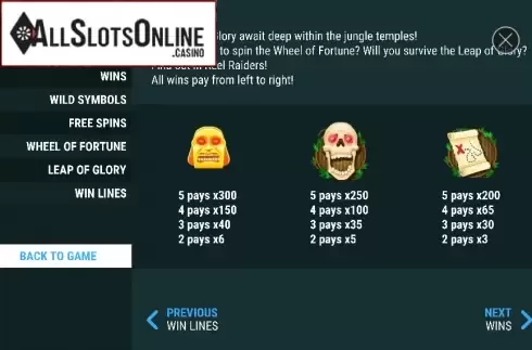 Paytable 1. Reel Raiders from Slot Factory