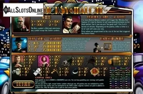 Paytable 1. Bucksy Malone from Genii