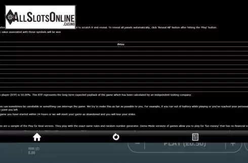 Paytable screen