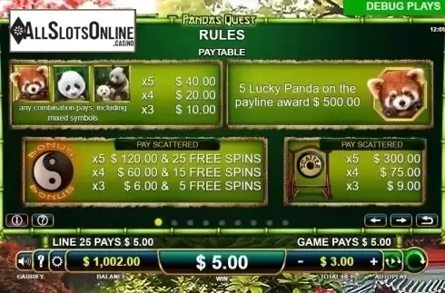 Paytable 1. Pandas Quest from Aurify Gaming