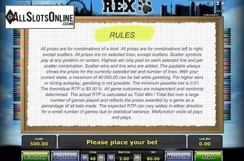 Paytable 3. Rex from Greentube