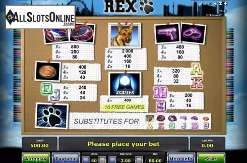 Paytable 1. Rex from Greentube