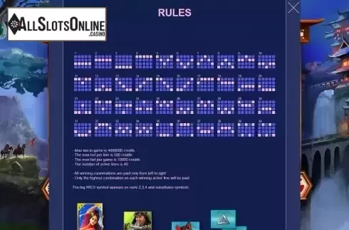 Paylines screen