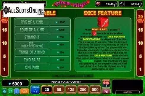 Paytable 2. Dice High from EGT