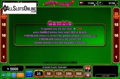 Paytable 3. Dice High from EGT