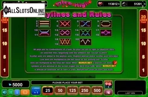 Paytable 5. Dice High from EGT