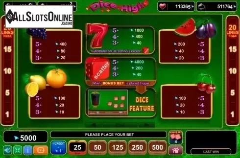 Paytable. Dice High from EGT